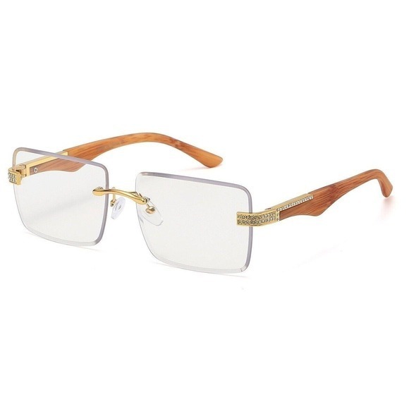Rimless Rectangle Women Sunglasses Wood Grain Arms Rhinestone Accents Business main image 4